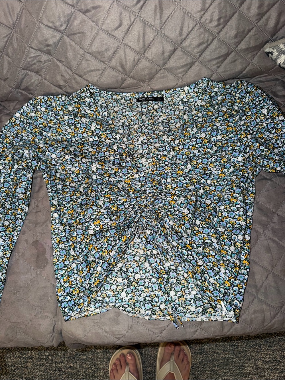 Nasty Gal Floral Ruched Front Long Sleeve Crop Top - Blue/Yellow